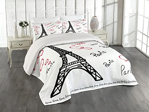 Ambesonne Eiffel Tower Coverlet, Eiffel Tower Paris is Always an Idea Tourism Locations Love, 3 Piece Decorative Quilted Bedspread Set with 2 Pillow Shams, Queen Size, Red Black White