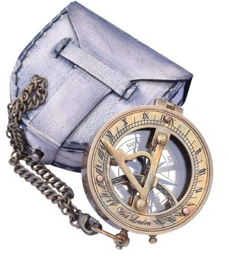 Handmade Brass Sundial Compass (3 inch) with Chain & Leather Case Antique Finish Pocket Compass Marine Nautical Sun Clock Pirate Ship Replica Antique Compass for Hiking & Camping-picture-42