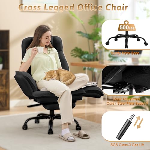 Image of Wider Seat Office Chair with Flip Armrests for Criss Cross Legged&Cats, Big and Tall Executive Ergonomic Reclining Chair with Footrest&Lumbar Pillow, Teddy Fleece Desk Chair, Black Vanity Chair