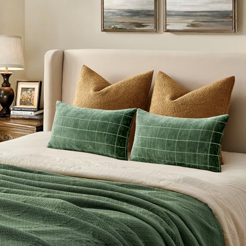 Image of MIULEE Moss Green Plaid Decorative Throw Pillow Covers 12x20 Set of 2 | Vintage Check Chenille Couch Pillows Neutral Boho Farmhouse Cushion Covers Modern Home Decor for Sofa Bed Living Room