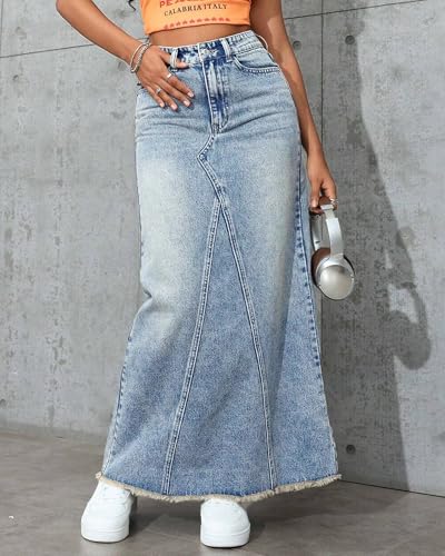 Women's High Waisted Maxi A line Denim Skirt Frayed Raw Hem Casual Long Jean Skirt with Pockets2