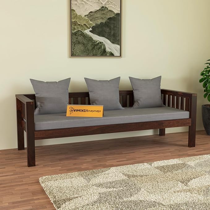 Image of Sheesham Wooden 3 Seater Sofa for Living Room | Rosewood 3 Seater Cushion Sofa Low Height | Solid Wood Sofa Set for Lounge (3 Seater,Walnut Finish)