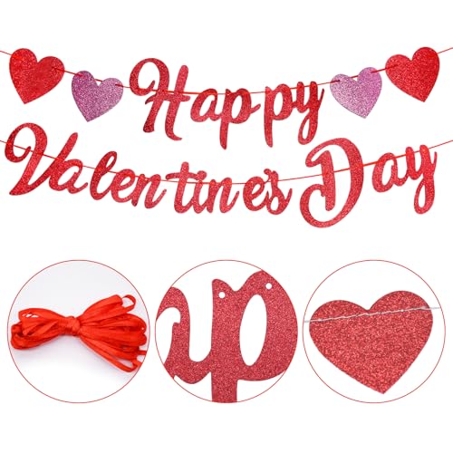 Image of Happy Valentine's Day Banner - Red Pink Glitter Valentine Banner Sign with Hearts Garland, NO DIY Required, Valentine's Day Outdoor Indoor Home Hanging Decorations