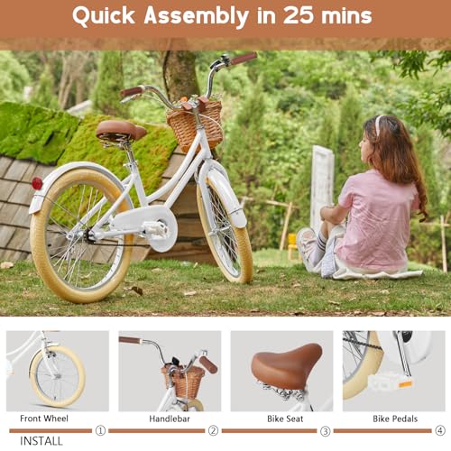 Image of Glerc Little Molly 12-20 Inch Kids Retro Cruiser Bike for 2-13 Year Old with Wicker Basket & Training Wheels /Kickstand, Multiple Colors
