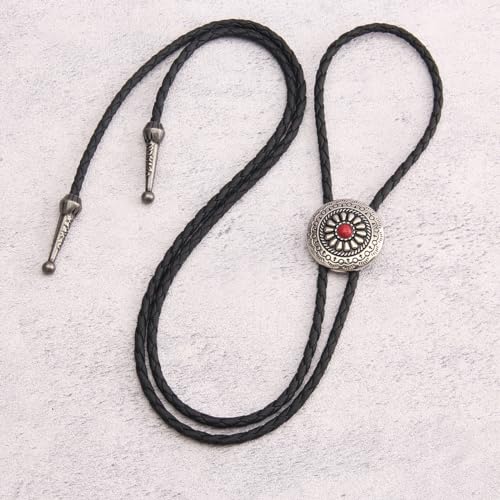 Image of GelConnie Bolo Tie for Men Women Western Cowboy Turquoise Leather Necktie | Natural Stone Bolo Tie Necklace for Women Rodeo Cowboy Leather Necktie Native American Western Cowgirl Ties Adjustable Cord