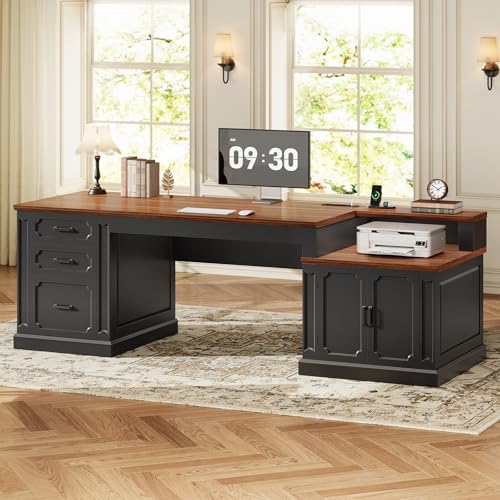 Image of SEDETA Farmhouse 70.9 inch Executive Desk, Home Office Desk with File Drawers and Storage Cabinet, Computer Desk with Power Outlet for Home Office, Work Study Writing, Black+Brown