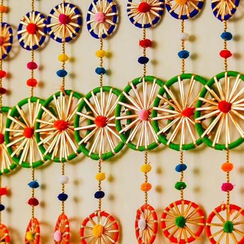 Image of eCraftIndia Multicolor Rings with Pom|Pom Tassels Bell Hangings (Pack of 10) - Wall /Door Hangings, Toran for Home Decor | Haldi Mehandi Wedding, Ganesh Chaturthi, Navratri, and Diwali Decoration Items