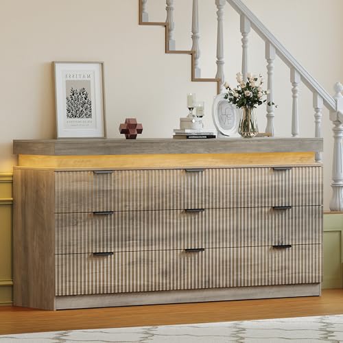 Image of 9 Drawer Dresser with LED Lights and Charging Station, 63 inch Wide Grey Wood Fluted Dresser for Bedroom, Modern Chest of Drawers for Closet Dresser TV Standt for Living Room, Entryway, Hallway