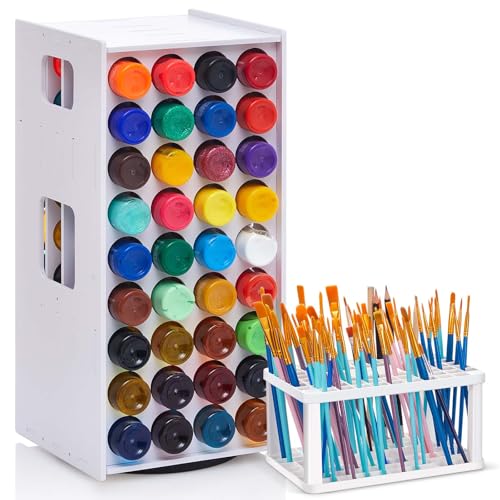 Juexica Acrylic Paint Holder Organizer Storage for 2 oz Bottle Craft Paints with Paintbrush Pens Markers Stand Vertical Wall Mounted Stand Plastic 360 Spinning Storage Tower(72 Holes)