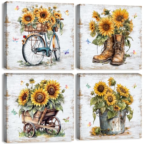 Rustic Sunflower Wall Art Kitchen Wall Decor Vintage Country Sunflower Picture Farmhouse Cowboy Bicycle Boots Truck Wildflower Canvas Prints Painting Artwork Bedroom Living Room Decoration 12x12' 4Pcs