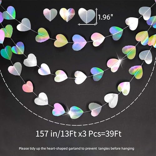 Image of Iridescent Party Decorations Holographic Heart Garlands Disco Theme Birthday Decoration Hanging Wedding Banner Graduation Decor Neon Streamers,Baby Bridal Shower Engagement Valentines Decor