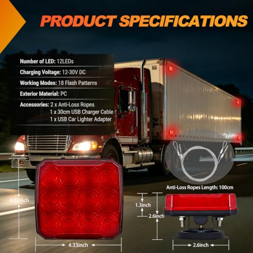 Image of Nilight Magnetic Strobe Lights 2PCS Red 12 LED Rechargeable Warning
