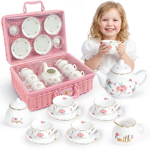 Porcelain Tea Set for Toddlers Tea Party Set for Little Girls Pink Floral Teapot Cup Saucer Carry Case Princess Party Pretend Play Kids Toys Toddler Girl Birthday Gifts Age 3 - 8 Years Old