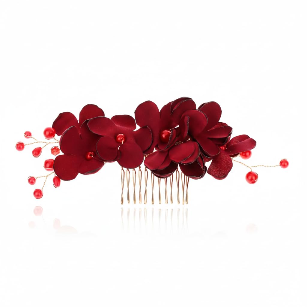 FOMIYES Peineta Lateral Con Flores De Tela Roja Y Cuentas Imitación Accesorio Ligero Para El Pelo De Mujer Ideal Para Bodas Fiestas Y Eventos Especiales 6.29X2.75 Pulgadas