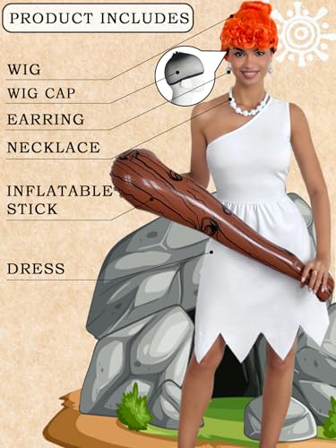 Image of Womens Cavewoman Costume with White One-Shoulder Midi Dress,Necklace,Earrings,Wig,Inflatable Stick for Halloween