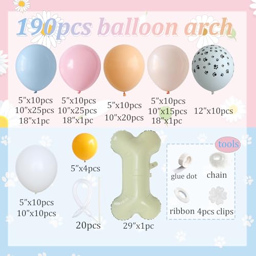 Image of 190Pcs Blue Balloon Garland Arch Kit,Dog Paw Birthday Party Decorations | Pastel Pink Blue Balloons White Daisy Balloons with Bone Foil Balloons for Baby Shower Blue Puppy Party Decorations