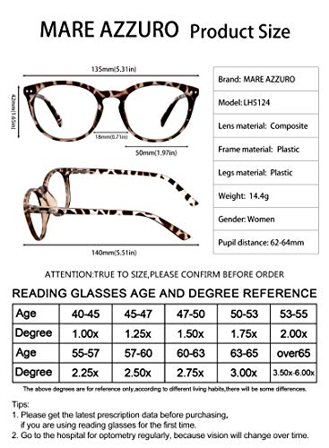 Image of MARE AZZURO Blue Light Blocking Reading Glasses Women Round Computer Readers 0 1.0 1.25 1.5 1.75 2.0 2.25 2.5 2.75 3.0 3.5 4.0 5.0 6.0 (Brown, 250)