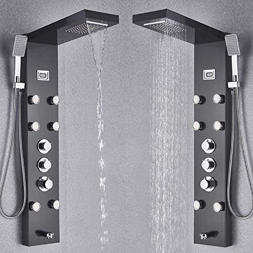 Juego de Ducha Termostática para Baño, Columna de Ducha Negra con Cabezal Lluvia y Cascada, Panel de Ducha con Control Digital de Temperatura y 5 Funciones miniatura 5
