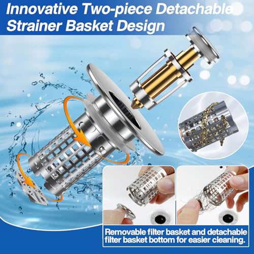 Image of Bathroom Sink Drain Strainer(New-2pcs), Pop-up Sink Drain Strainer with Removable Stainless Steel Strainer Basket Hair Catcher, Bathroom Sink Strainer for Bathroom Sink Stopper Replacement