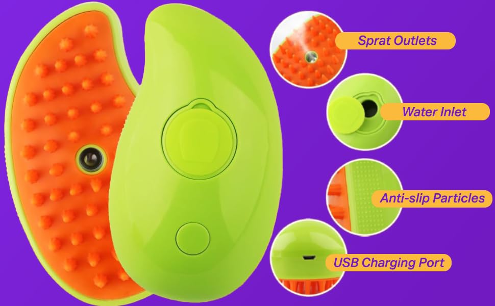 Diagram showing the water inlet and USB charging port on the brush.