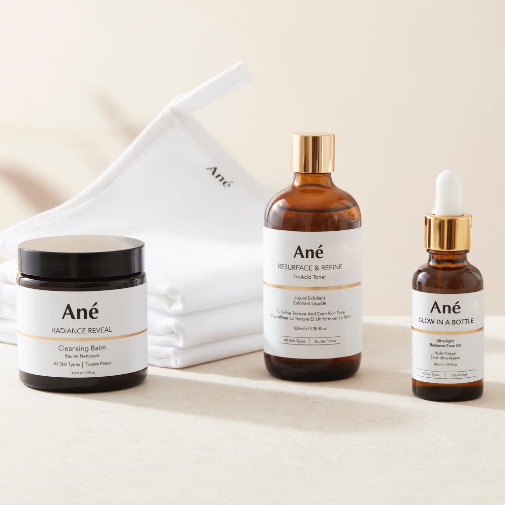 Ané Skincare Set: Glow Facial Oil, Cleansing Balm with Cloth and Exfoliating Tri-Acid Toner