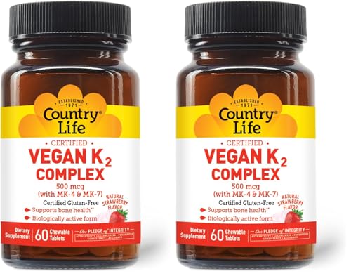 Country Life® Vegan K2-500 mcg, 60 Ct. Chewable Tablets. Strawberry Flavor - Certified Gluten Free - Certified Vegan by AVA – to Support Bone Health (Pack of 2) 60 Count (Pack of 2)