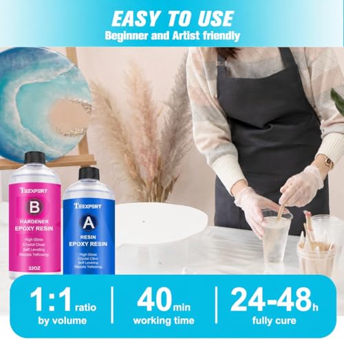 Image of Teexpert Epoxy Resin Crystal Clear: 64OZ Epoxy Resin kit Fast Curing Heat Resistant for Casting Coating Art DIY Craft Jewelry Wood Table Top Flower Preservation- 2 Part(32OZ Resin and 32OZ Hardener)