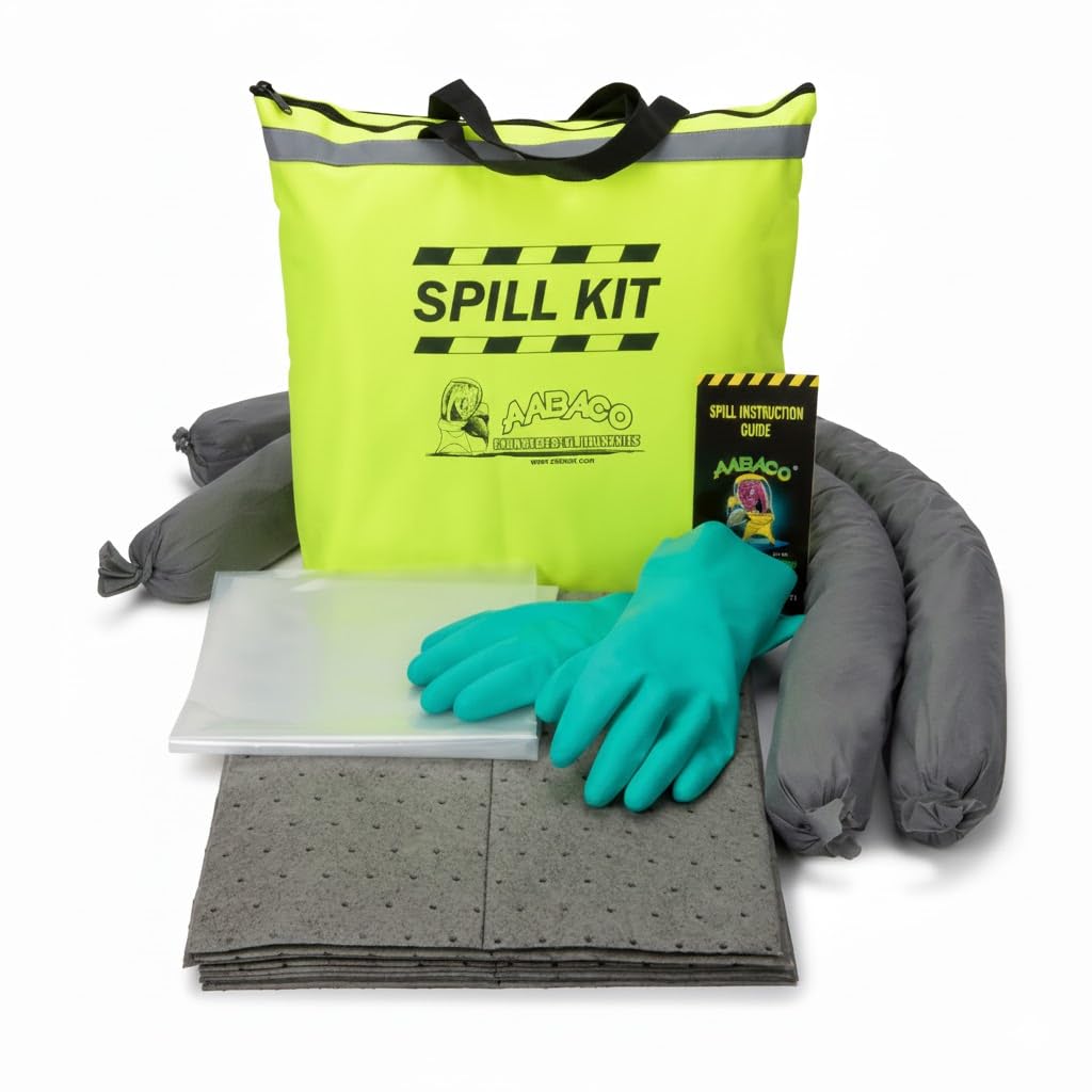 AABACO Universal Spill Kit for Oil & Chemical Spills, Portable High-Visibility Yellow Tote, Absorbent Pads & Socks for Trucks, Garages, Workshops & Emergency Spill Response