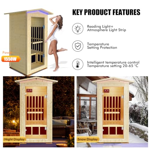 Image of OUTEXER Outdoor Sauna Wooden Far Infrared Saunas Spa 1550W Low-EMF Dry Sauna Room for One Person Finland Spruce Wood