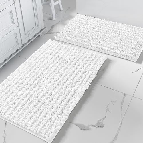 Yimobra Bathroom Rugs Sets 2 Piece - Quick Dry Extra Thick Luxury Chenille Bath Mat Non Slip Super Absorbent for Tub Shower Sink Machine Washable Shaggy Floor Mat 32x20+24x17 Inch White