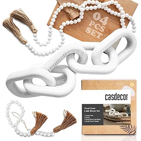 Casdecor by RFAQK Wood Chain Link Decor-Decorative Wooden Bead Garland Tassel Set, Hand-Carved Knot for Shelf, Wall,Home Decor-Pine Wood 5-link Rustic Chain for Boho,Farmhouse, Coffee Table Decor-4pcs Cover
