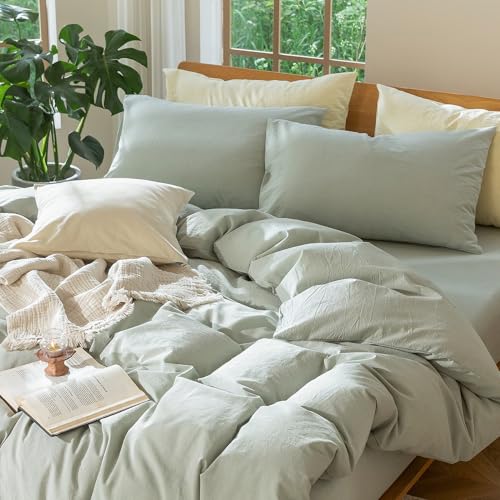 Image of MooMee Duvet Cover Set 100% Washed Cotton Linen Like Super King | Relaxed Linen-like Texture. Soft, Breathable & Long-lasting Comfort. Lightweight. Hidden Zipper with 8 Interior Corner Ties