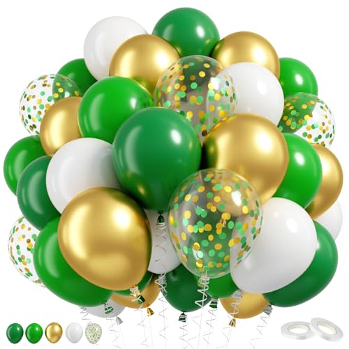 Image of Green and Gold Balloons, 60 Pcs 12 Inch Dark Green White Metallic Gold Latex Balloons with Green Gold Confetti for Birthday Graduation Party Decorations