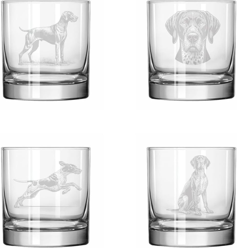 MIP Set of 4 Glass 11 oz Rocks Whiskey Glass Gift Stylized German Shorthaired Pointer Collection