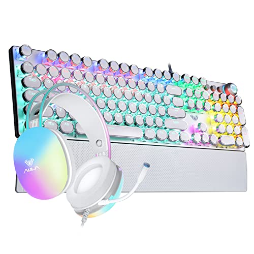 AULA Keyboard Headset Combo, RGB Rainbow Backlit Keyboard Headset Bundle, Typewriter Style Mechanical Wired Blue Switches Gaming Keyboard + Wired Green Gaming Headset with Mic for PC