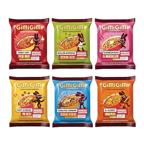 Image of GIMI GIMI - Weely combo of pack of Fiery Hot, Killer Kimchi, K-curry, Hot Cheese, Carbonara, and Soulful Umami | Veg Korean Noodles | Authentic Korean-Style Instant Noodles
