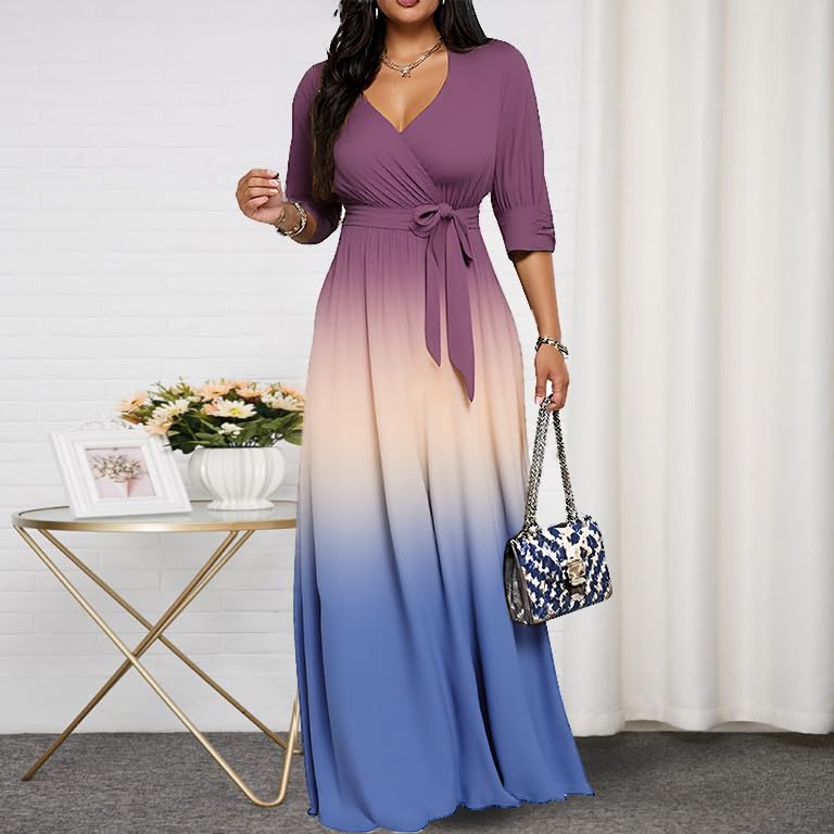 Image of CaniBtr Maxi Dresses for Women Plus Size 3 /4 Sleeve Long Dress with Belt | Versatile plus-size maxi dress,wrap v-neck + waist tie craft soft glamorous looks easily for everyday casual outings