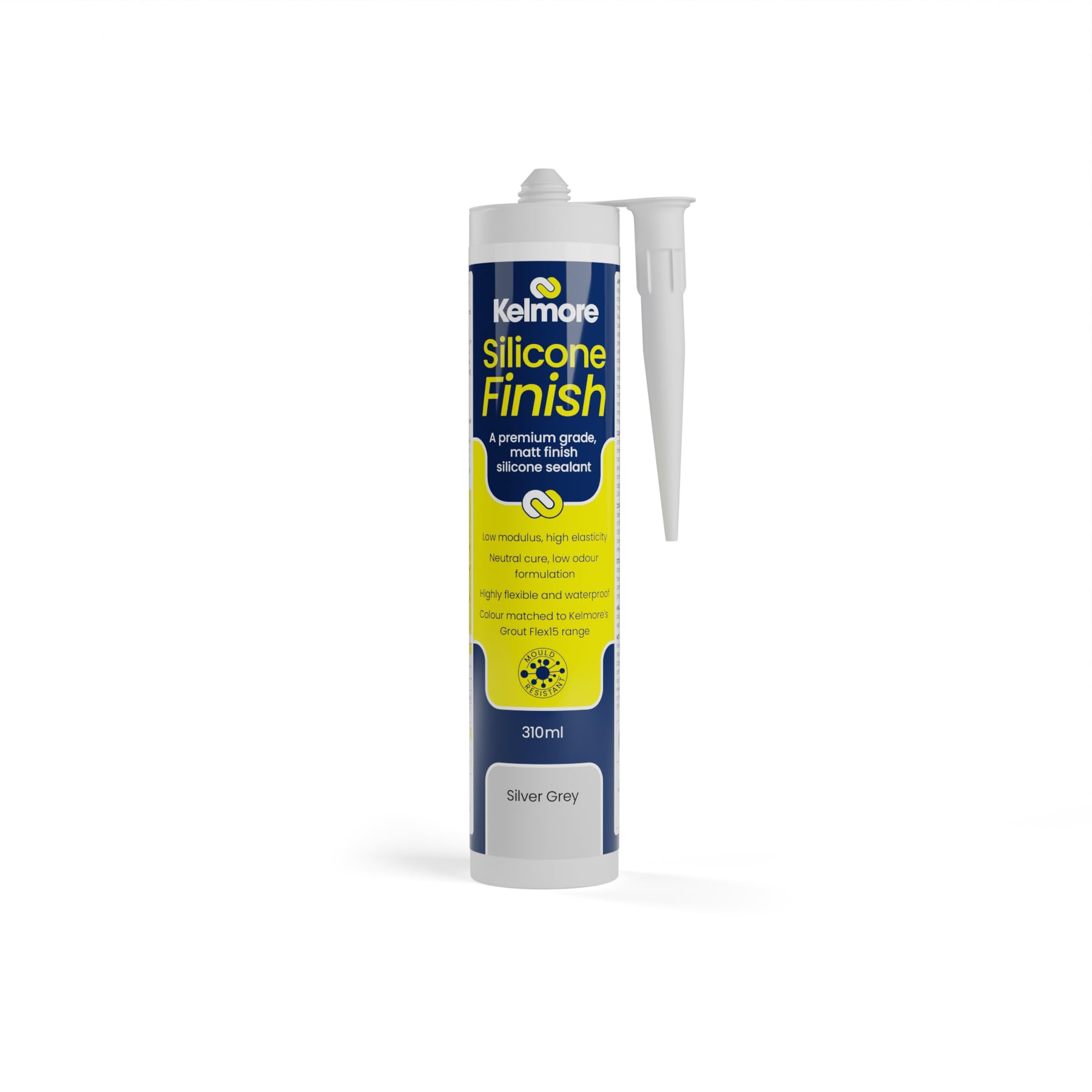 Kelmore Coloured Silicone Finish Sealant, Mould Resistant, Waterproof, Matt Finish, Neutral Cure, 310ml (Silver Grey)