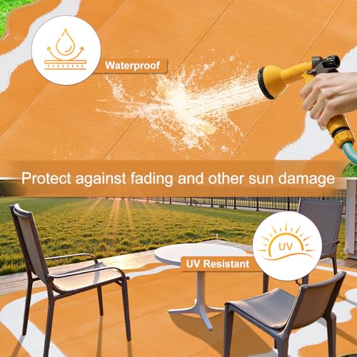 Uphome Outdoor Rug Waterproof 6x9, Reversible Orange Scalloped Patio Plastic Straw Rugs, Foldable Modern RV Camping Outside Carpet Mat for Pool Back Yard Deck Picnic, 6 x 9 ft - Image 3
