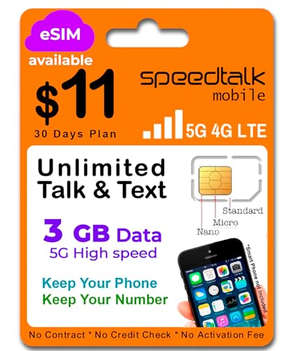 SpeedTalk Mobile Prepaid Cell Phone SIM Card for Smart Phones & Cellphones | $11 Monthly Plan - Unlimited Talk & Text + 3GB 5G 4G LTE Data | 3-in-1 SIM Card Standard Micro Nano