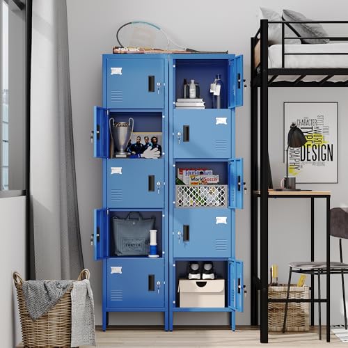 Image of Aobabo 16 inch W 5 Door Metal Storage Locker with Lock, 66 inch H Steel Locker with Name Card Holder and Metal Leg for School, Home, Office, Playroom, Assembly Required, Blue