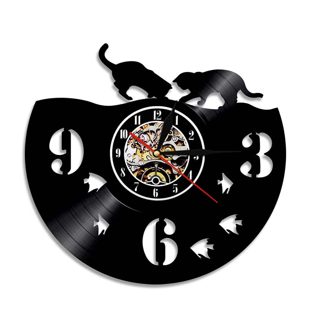 30cm Coppia di gatti Retroilluminazione a LED Animali Orologio moderno vintage in vinile Lp Home Decor Orologio creativo Regalo per amante dei gatti Sette colori Orologi da parete intercambiabili Or