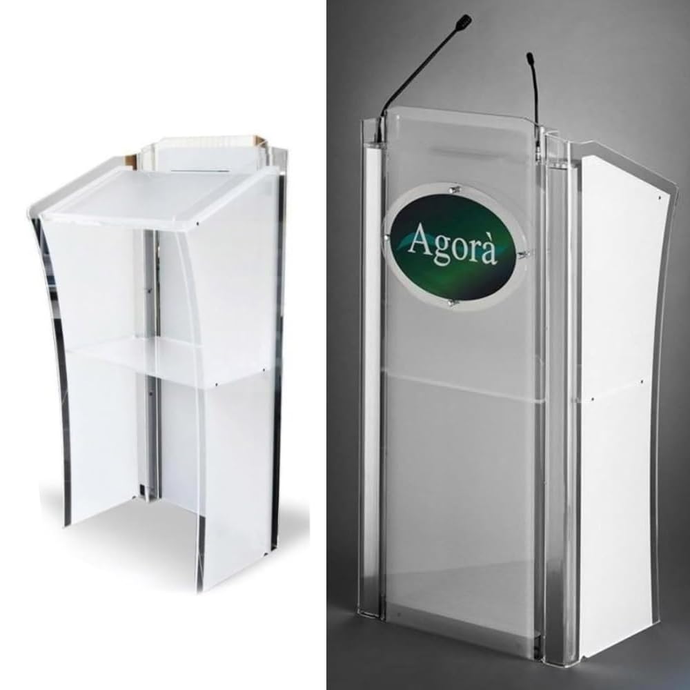 Podio Relatore in Plexiglass Trasparente con Microfoni – Leggio Professionale per Conferenze, Eventi e Chiesa, Pulpito Moderno con Targa Personalizzabile Rotonda, Quadrata o Ovale