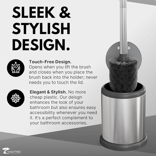 Image of ToiletTree Products Toilet Brush with Lid - Sleek Toilet Bowl Brush and Holder - Toilet Scrubber Brush Set with Heavy-Weight Base - Lidded Toilet Bowl Cleaner Brush and Holder - Chrome (2 Pack)
