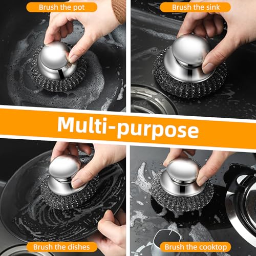 Image of 2Pcs Heavy Duty Stainless Steel Dish Brush with Handle - Kitchen Scrub Brush for Dishes, Pans, Cooktops - 3 Replacement Pads Included
