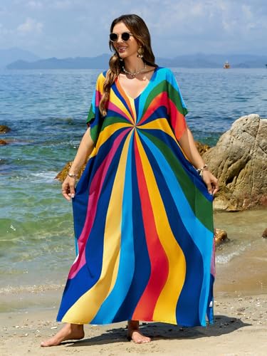 Image of sunforyou Kaftan Dresses for Women Plus Size Lightweight Swimsuit Cover up Batwing Sleeve Print Loungewear Beach Robe