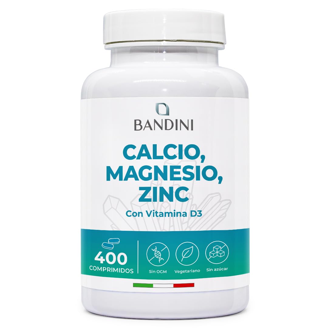 Bandini® Calcio, Magnesio, Zinc + Vitamina D3 y K2 MK7 | 400 Tabletas de Alta Potencia | Con Cobre, Selenio, Manganeso y Boro | Complejo de Vitaminas y Minerales | Huesos, Función muscular y Inmunidad