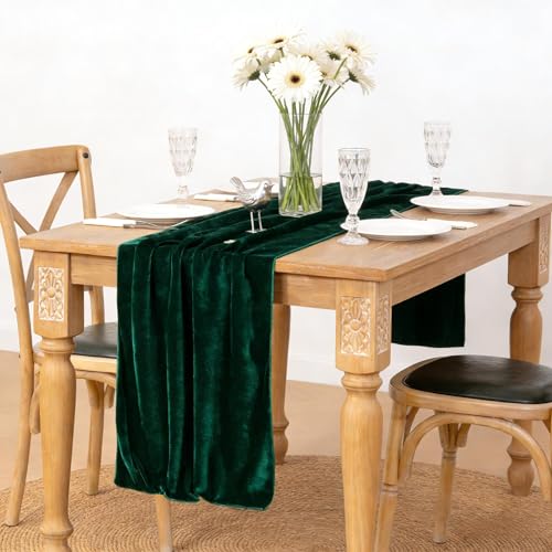 Image of MLMC Velvet Table Runner 10ft Luxury Velvet Fabric Elegant Table Decorations 20x120 Inches for Wedding Anniversary Romantic Dinner Holiday Kitchen and Dining Table Decor, Emerald Green