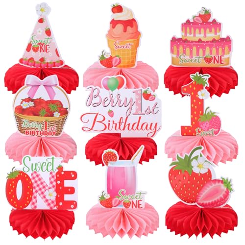 Image of 9pcs Strawberry 1st Birthday Honeycomb Centerpieces First Birthday Party Decorations for Girls Sweet ONE Strawberry Table Centerpieces Baby Shower One Birthday Table Topper Sign Decorations