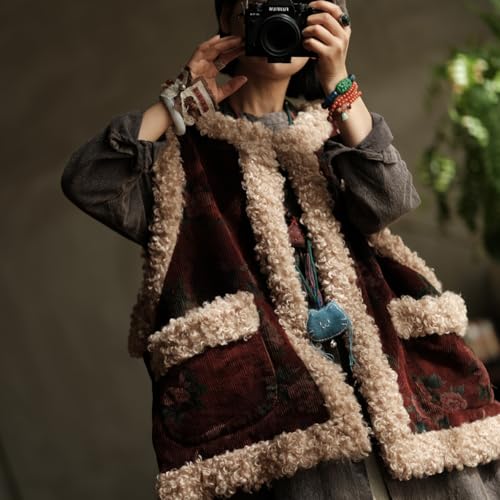 Women's Vest Corduroy Quilted Open Front Faux Shearling Lambwool Trim Sleeveless Cardigan Vest4